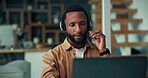 Black man, talking and headset with laptop at house for consulting, customer service and assistance. Person, remote work and mic with pc for online advice, helping client and crm of technical support
