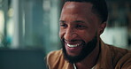 Smile, freelancer and laptop with black man in home office for ebook publisher, online news and research. Remote worker, proofreading editor and email with person in apartment for publication