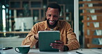 Browsing, article and man with tablet in office, reporter and editing draft on website and creative. Proofreading, online and black person with funny story, laugh and preparing for publication