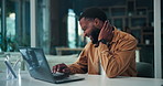 Office, employee and man laptop, neck pain and journalist with bad posture, hurt and muscle tension. Typing, article and black person with discomfort, sore and massage injury in newsroom or pressure