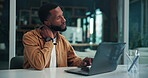 Office, hurt and man laptop, neck pain and journalist with bad posture, employee and muscle tension. Online, article and black person with discomfort, sore and massage injury in newsroom or pressure