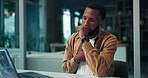 Cough, night and laptop with business black man in office for planning or research deadline. Chest infection, flu symptoms or sickness with African employee at desk in workplace for administration