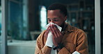 Sick, blowing nose and man in office with tissue, influenza and cold congestion in allergy season. Health, virus and analyst in workplace with paper napkin, hayfever and viral flu in wellness risk.