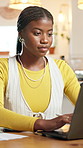 Elearning, laptop and black woman writing in notebook, virtual class or assessment for knowledge. Remote studying, university student and reading on computer, digital textbook or online education 
