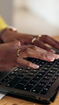 Laptop, hands and woman with keyboard, typing and deadline for article publication. Closeup, person and journalist with computer, internet and research for news report, editing and magazine website