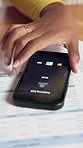 Person, hands and phone screen with mom ringing for call, emergency contact or pickup in home. Closeup, user or answer with mobile smartphone display of incoming audio for communication or response