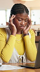 Frustrated, black woman and headache with stress on laptop for pressure, strain or burnout in home. Female person, freelancer or remote work with migraine for fatigue, vertigo or deadline in house