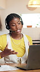 Black woman, laptop and advice with headset in home for customer service, support or help. Female person, consultant and remote work online for telecommunications or virtual assistance in house