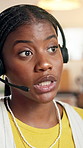 Black woman, freelancer and advice with headset in home for customer service, support or help. Female person, consultant and remote work online for telecommunications or virtual assistance in house