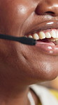 Black woman, closeup and advice with headset in home for customer service, support and laugh. Happy person, consultant and remote work online for telecommunications or virtual assistance in house