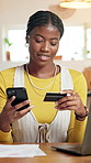 Black woman, phone and credit card for payment in home with documents, bills or happy for debt management. Person, smartphone and mobile app for digital banking, fintech and easy transaction at house