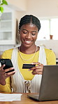 Black woman, phone and credit card for bills in home with documents, payment or happy for online shopping. Person, smartphone and mobile app for digital banking, fintech and easy transaction at house