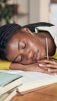 Fatigue, books and black woman with sleeping in home for study burnout, assignment and resting. Student, learning and exhausted by notes with nap, scholarship education and overworked break in house
