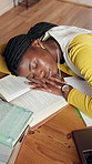 Study, books and black woman with sleeping in home for learning burnout, assignment and resting. Student, fatigue and exhausted by notes with nap, biology education and overworked break from above
