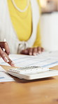 Calculator, budget and documents with hands of woman in home for savings, invoice report and taxes. Mortgage payment, banking overdraft and balance sheets with person in apartment for planning