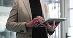 Businessman, hands and research with tablet for trading, investment or planning in office. Man, employee or trader with technology for business schedule, analysis or online checklist in workplace