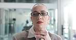 Business, woman or thinking with planning in office for startup vision, opportunity or funding solution. Insight, investor or ideas at work for company development, investment decision or inspiration