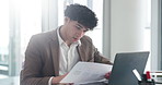 Business, documents and man on laptop for finance review, company revenue and budget report. Graph, corporate and person on computer for financial proposal, investment account or statistics in office