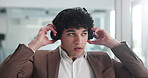 Frustrated, businessman and consultant with headset for disappointment, fail or mistake in office. Man, agent or breathing with stress or anxiety for difficult tasks or anger management in workplace
