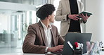 Business, laptop and manager with man in office for finance review, stock market and investment research. Corporate, professional and people on computer for financial proposal, planning and feedback