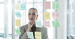 Sticky notes, thinking and business woman by glass for creative process, story ideas and editing. Publishing, magazine agency and person writing for schedule, agenda and article research for project
