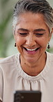 Mature happy woman, phone and texting at office with chat or excited for deal at media company. Person, writer and smile with smartphone, notification and mobile app for networking at creative agency