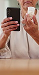 Senior woman, hands and phone with medication for research, side effects or information in home. Elderly, female person or telehealth with mobile smartphone for pills, tablets or online prescription