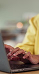 Hands, business and woman with laptop, typing and creative agency with deadline for news report. Person, editor and journalist in workplace, pc and magazine website with submission and article review
