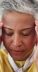 Senior, woman and headache with burnout or pain for health issue, massage temple and face with stress. Female person, hands for relief of migraine or ache from brain fog, vertigo or mental strain