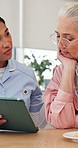 Old woman, nurse and tablet with support in home for medical results, healthcare report and chat. Retirement, elderly person and caregiver with tech in assisted living for health feedback and empathy
