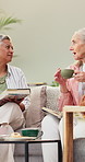 Home, book club and senior women with conversation, feedback and hobby in living room. Apartment, friends and old people on couch, literature and review for novel, discussion and criticism of story