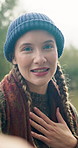 Selfie, video call and face of woman in nature on vacation, holiday or getaway together for break. Smile, countryside and portrait of female person for photography with memory outdoor for weekend.