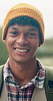 Happy, nature and face of man on vacation, holiday or getaway with positive attitude. Smile, laugh and portrait of male person from Mexico on weekend trip outdoor with relax on break in winter.