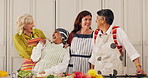 Cooking, friends and mature women in kitchen with smile, bonding together and reunion in home. Happiness, preparing food and female person in house with ingredients, love and support for group meal.