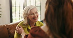 Mature people, comfort and friends at house for support, empathy and advice for retirement. Smile, women and discussion with compassion, gratitude and confession understanding for bonding together