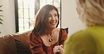 Mature woman, holding hands and friends at house for support, empathy and advice for retirement. Smile, people and talking with compassion, gratitude and confession understanding for bonding together