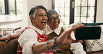 Selfie, relax and senior friends in home with bonding, memory and connection together in living room. Happy, phone and elderly women in retirement on sofa with photography picture in apartment.
