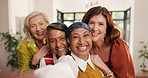 Face, old women and friends with selfie in home, picture and  group laugh with retirement portrait. Senior people, living room and funny photo for social media post, happy memory and POV together