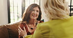 Mature women, comfort and friends at house for support, empathy and advice in retirement home. Smile, people and talking with compassion, gratitude and confession understanding for bonding together