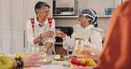 Laughing, toast and senior friends in kitchen of home together for celebration, cooking or visit. Cheers, drink and food with funny old women in apartment for healthy culinary class or lesson