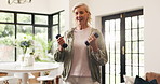 Dumbbells, exercise and thinking with old woman in living room of home for training or workout. Breathing, fitness and weightlifting with senior person in apartment for health or wellness routine