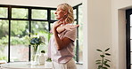 Fitness, woman and stretching in home to start yoga, muscle tension relief or getting ready. Yogi, mature person and arm warm up in living room for pilates routine, morning exercise and preparation