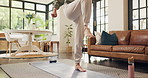 Woman, legs and marching in place for exercise, cardio warm up or low impact aerobic conditioning. Fitness, knees and person training in home living room for wellness, body health and workout on mat