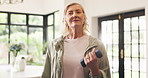 Dumbbells, fitness and vision with old woman in living room of home for training or workout. Exercise, thinking and weightlifting with senior person in apartment for health or wellness routine