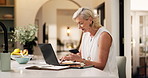 Mature woman, laptop and home with credit card for online shopping or remote banking app. Female person, shopper or virtual payment with debit on computer for ecommerce, purchase or buying in house