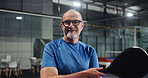 Face, padel tennis and old man with racket, training and confidence with wellness, fitness and hobby. Pensioner, player and mature person in court, smile and practice with exercise, health or workout