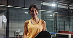 Face, padel tennis and woman with racket, smile and confidence with wellness, pride and funny. Laughing, player and mature person in court, training and practice with exercise, health and fitness