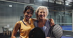 Athletes, women and face on court for padel tournament, game win or sportsmanship. Fitnerss, mature people and team hug with portrait at health club for friendly match, competition or challenge