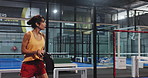 Padel court, match and woman exercise for competition training, workout and practice for game. Tennis, racket and mature player swing with ball for sports, fitness or tournament challenge with energy
