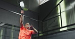 Padel, fitness and mature man on court for training, match and practice game in sports club. Tennis, exercise and male athlete with racket, ball and serve for challenge, tournament and competition.